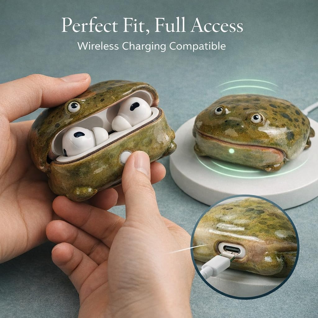 Novel Frog Case for Airpod, Ugly Toad Earbuds Cases,Wireless Earphone Protector Cover for Air Pods 1/2/3/4 for Air Pods Pro 1/2/3 (for airpods pro3,Green)