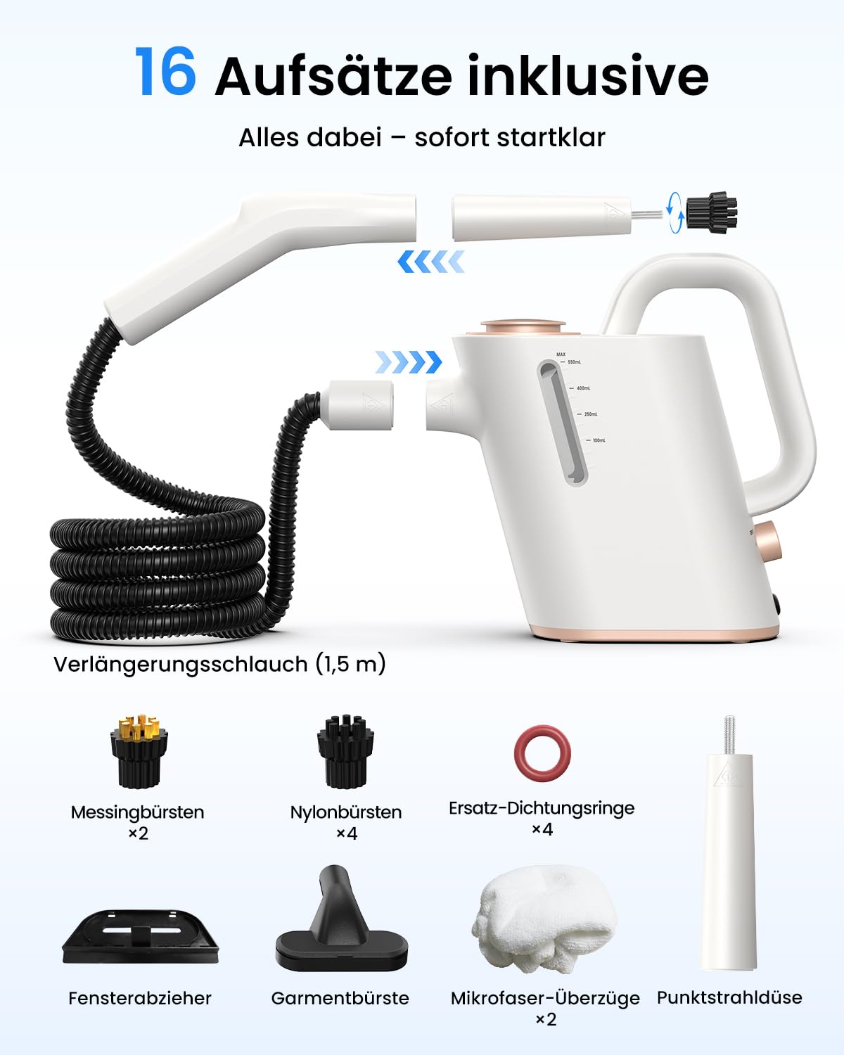 Dampfreiniger Handgerät, 15 Sek. Aufheizzeit, 550 ml Wassertank | 16 Zubehörteile, regulierbarer Dampf, 1,5 m Schlauch und 3 m Kabel für Bad, Küche, Fugen, Fensterrahmen und Polster