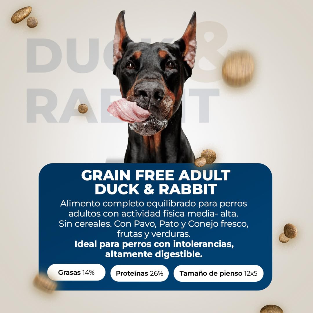 Pienso para Perros Grain Free Duck & Rabbit - Comida Natural e Hipoalergénica para Perros Adultos - Pienso sin Cereales, Rico en Proteínas de Pato y Conejo - 12kg - Lobo Azul Supreme