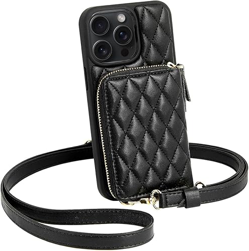 Miniatura 24 de LAMEEKU for iPhone 15 Pro Case Wallet, Crossbody Wallet Purse with Card Holder, Quilted Leather Zipper Wrist Strap RFID Blocking Cover for Women for