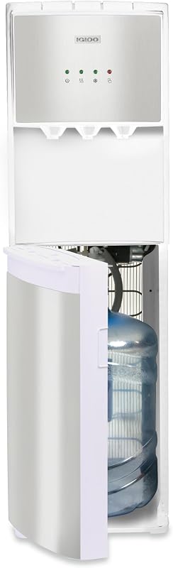 Igloo Bottom-Loading Water Dispenser – Water Cooler Dispenser with Hot, Cold & Temperature Settings- Electric Water Dispenser Fits 3- & 5-Gallon Jugs with Child Safety Lock Office Use– White Stainless