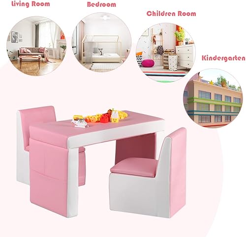 Miniatura 7 de Costzon Sofá para niños, asiento doble 2 en 1, sofá infantil convertido a mesa y dos sillas para la escuela, espacio de almacenamiento, superficie