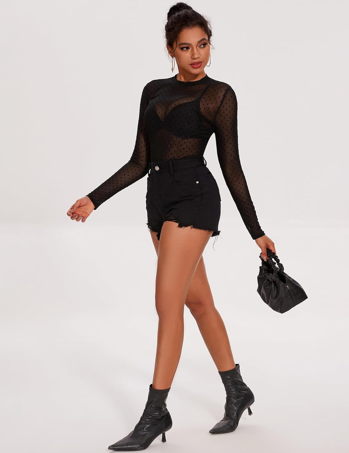 AKEWEI Womens Mesh Long Sleeve Tops Crew Neck Sexy See Through Tee Shirts Party Club Night Lace Blouse - Image 6