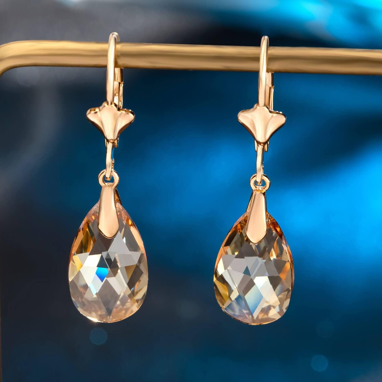 Austrian Crystal Teardrop Leverback Dangle Earrings for Women Fashion 14K Gold Plated Hypoallergenic Jewelry - Image 3