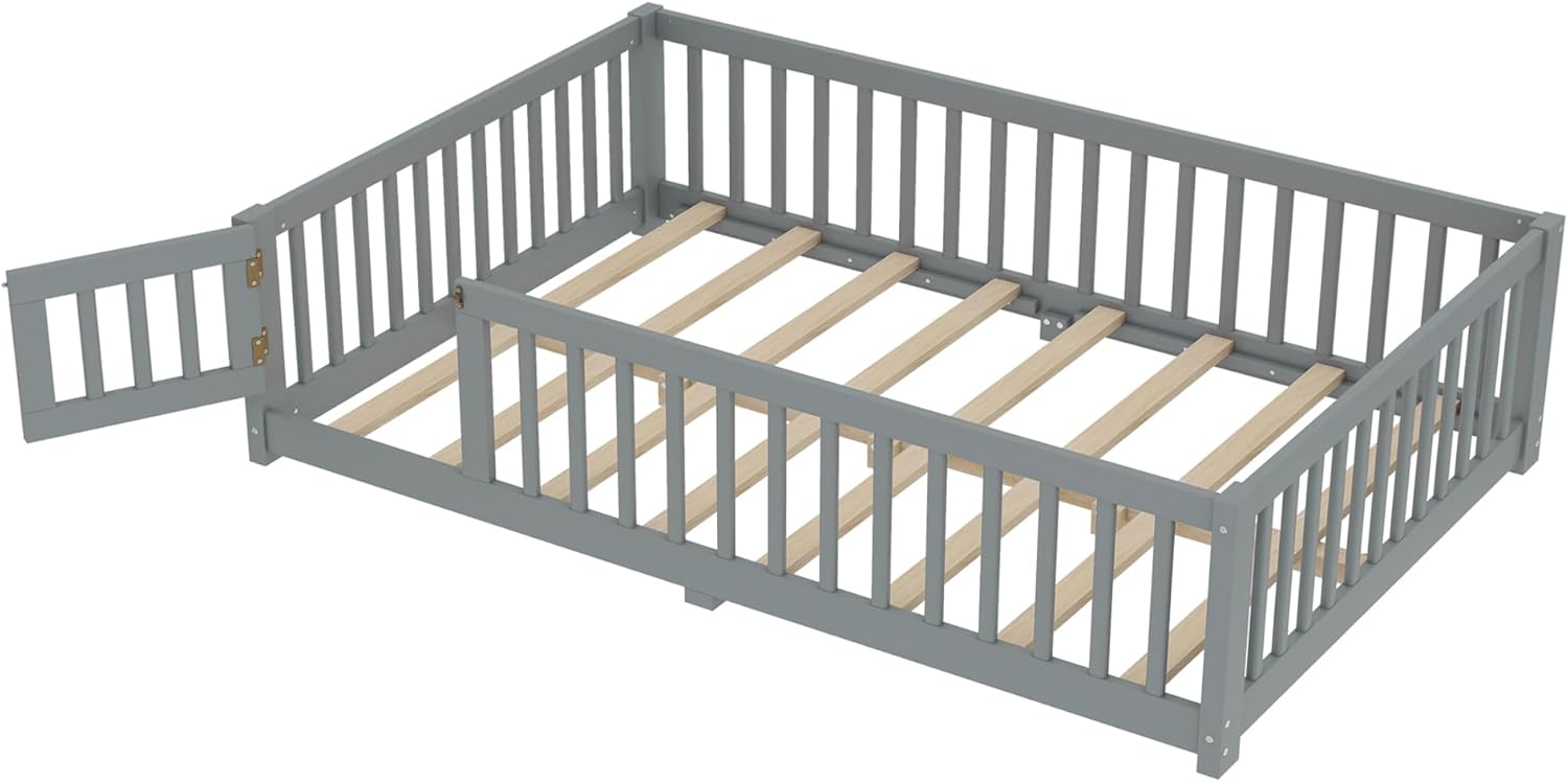 Bellemave Full Size Floor Bed Frame with Slats and Safety Guardrail, Wood Full Size Montessori Floor Bed with Door and Fence, Easy Assemble Montessori Beds for Kids, Girls, Boys, Gray