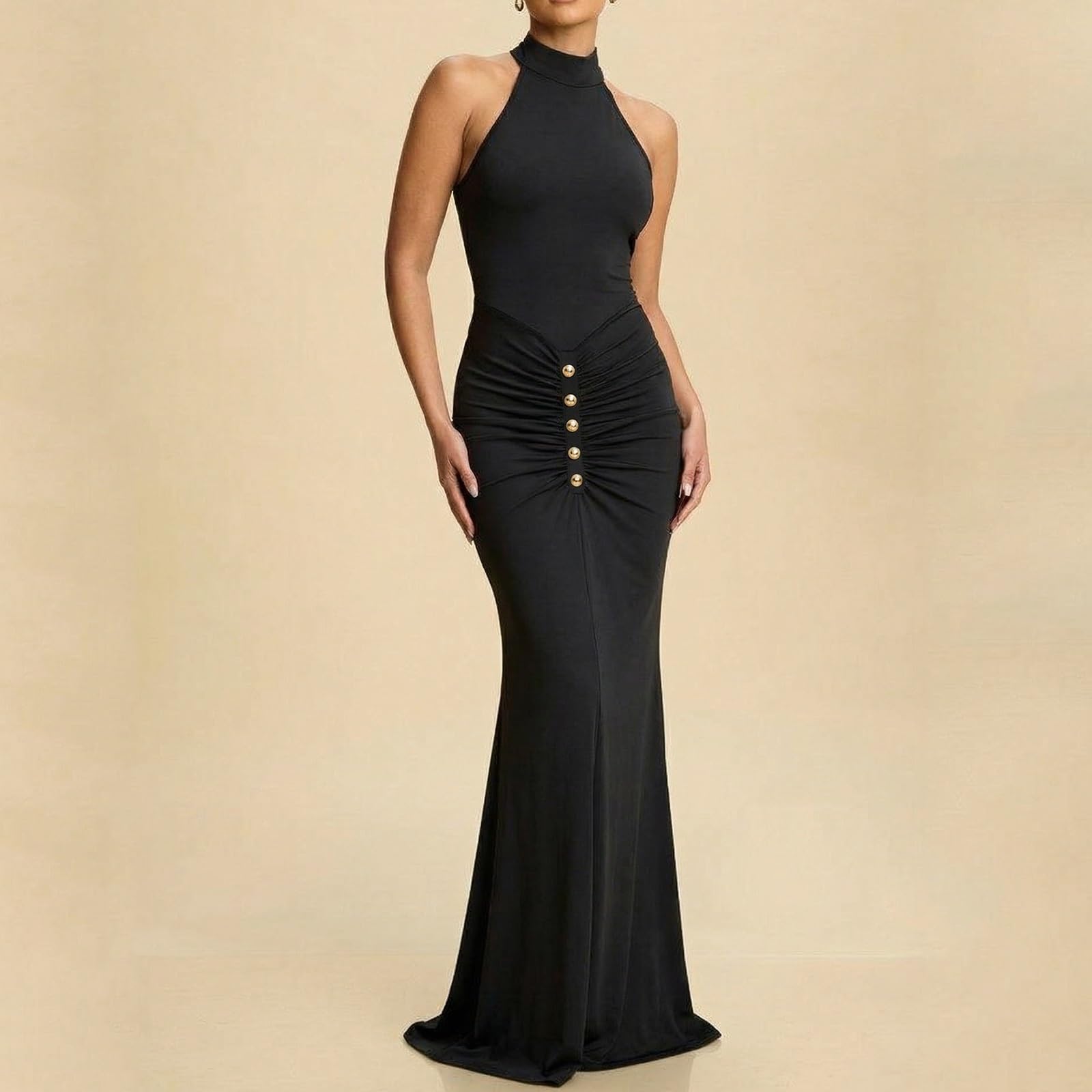 Vestido Largo Ajustado de Corte Sirena, con Cuello Halter, Pliegues En La Parte Delantera, Detalles Dorados, Espalda Descubierta, Ideal para Fiestas Nocturnas