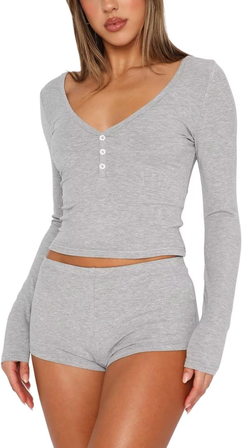 LACOZY Womens 2 Piece Pajama Sets Sexy PJ Shorts Y2k V Neck Long Sleeve Crop Top Lounge Set Sleepwear with Button Down