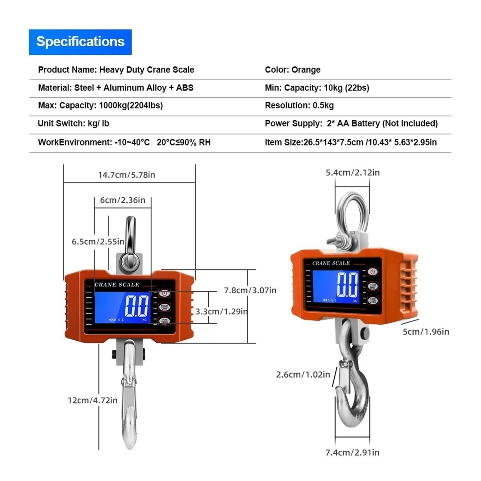 Báscula de grúa digital Báscula de grúa Digital de 500Kg/1000Kg, báscula colgante, báscula de grúa de servicio pesado portátil, báscula de gancho Industrial con retroiluminación LCD, cambio de unidad(