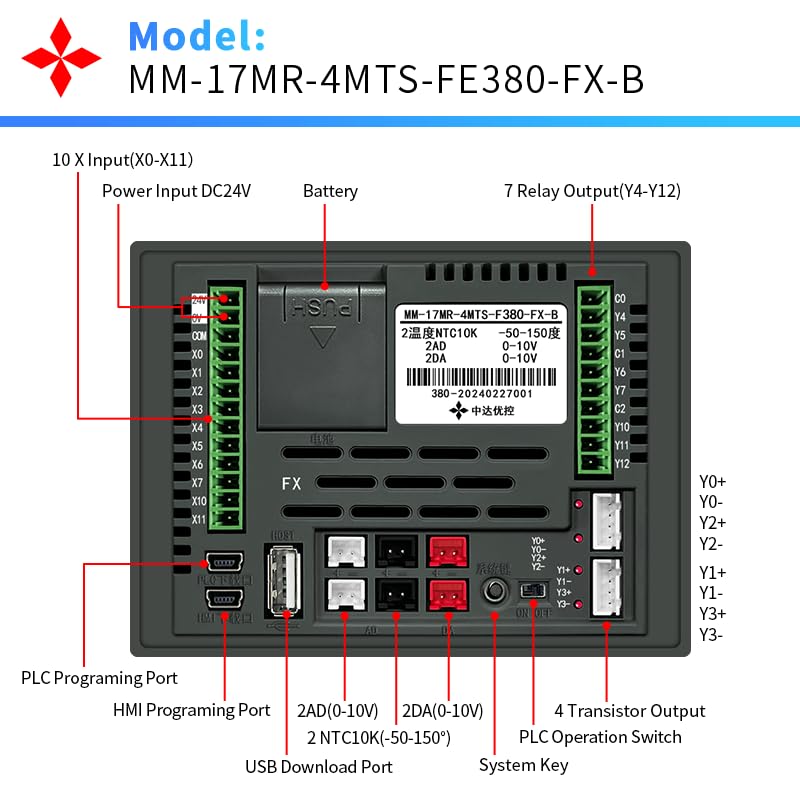 Image of 3.8 Inch PLC HMI All in One Integrated Programmable Logic Controller, 10 Input 7 Relay Output, Built-in Analog 2AD & 2DA, 2NTC10K, 2 High-Speed Pulse 100KHz for Sevor or Stepper (17MR-FE380-FX-B)