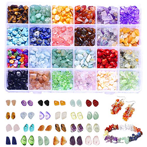 Jodimitty Halbedelsteine Perlen mit Loch, 24 Farben Edelsteine zum Auffädeln, 5-8mm Gemstone Chips Beads, Edelsteinperlen Naturform Perlen, DIY Edelsteine Beads Basteln zum Schmuckherstellung Cover