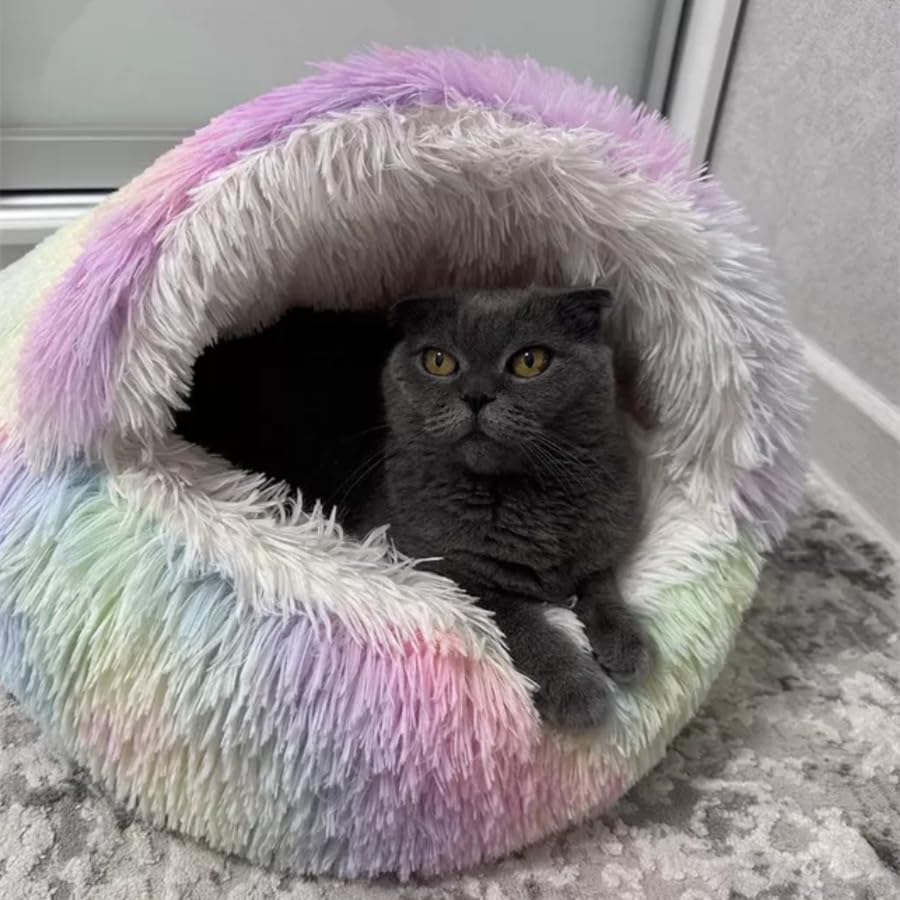 Cat Bed Round Fluffy Hooded Cat Bed Cave Anti-Anxiety Cave Bed with Hooded Blanket Cozy Cuddler Luxury Puppy Pet Bed Anti-Slip Bottom and Machine Washable
