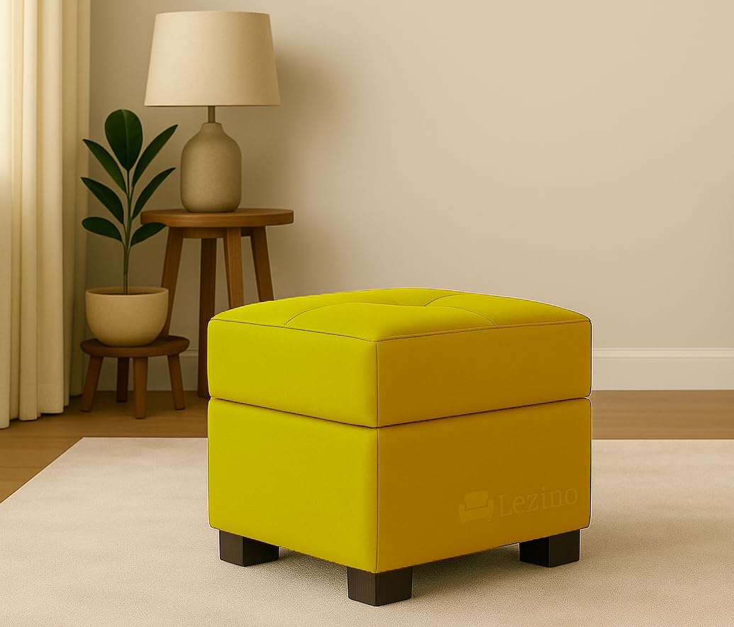 LEZINO Pouffes for Sitting Stool for Living Room Sitting | Puffy Wooden Stools | Square Footrest Pouf Foot Stool for Room Decor Size 16x16x18 inches (Yellow)