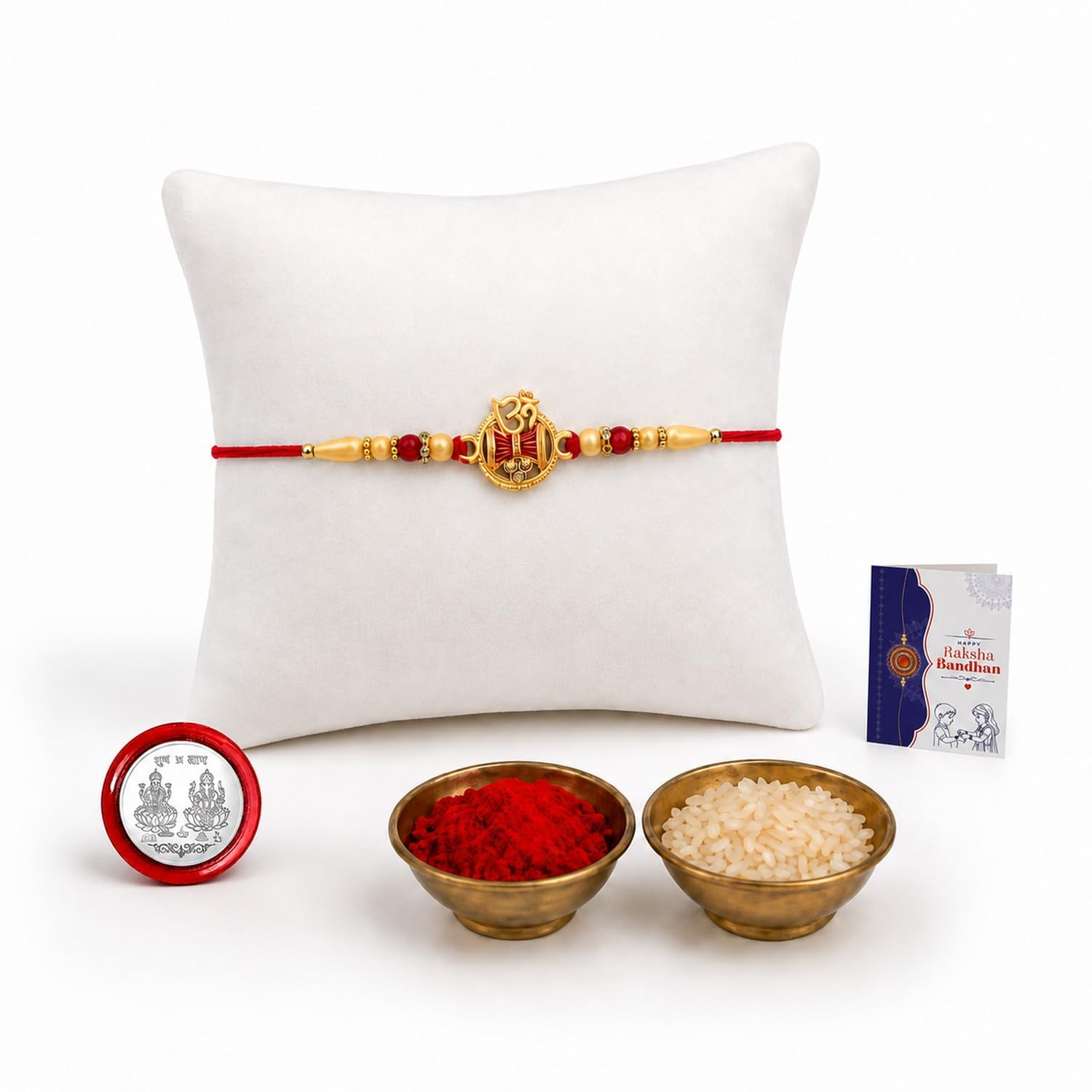 Rakhi Combo with Pooja Coin & Rakhi Greeting Card, silver rakhi for brother | rakhi for brother and bhabhi (Y23Rakhi_Var)-image-8