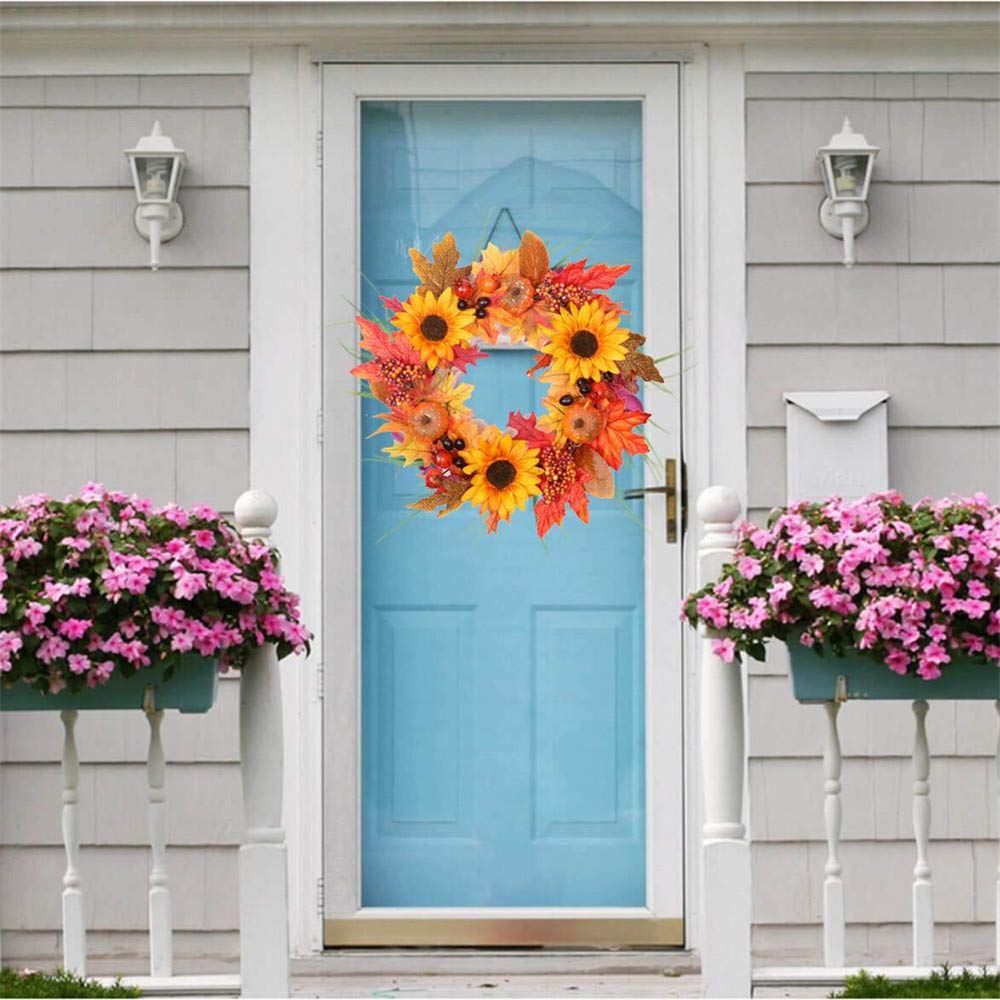 Guirlande De Noël Décoration Porte Ronde Guirlande De Fleurs avec Feuille D'Érable Citrouille Baies Rouges 45cm