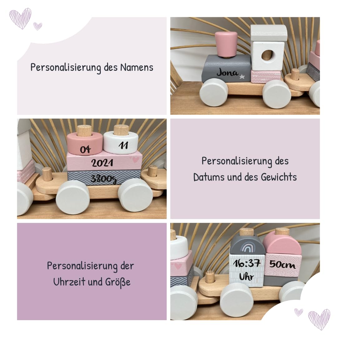 KIDSLINO Holz Eisenbahn rosa - personalisierbar I Geschenk zur Geburt Mädchen I Handmade Holzspielzeug mit Steckformen I Personalisierte Geschenke Baby I Holzzug mit Name & Geburtsdaten