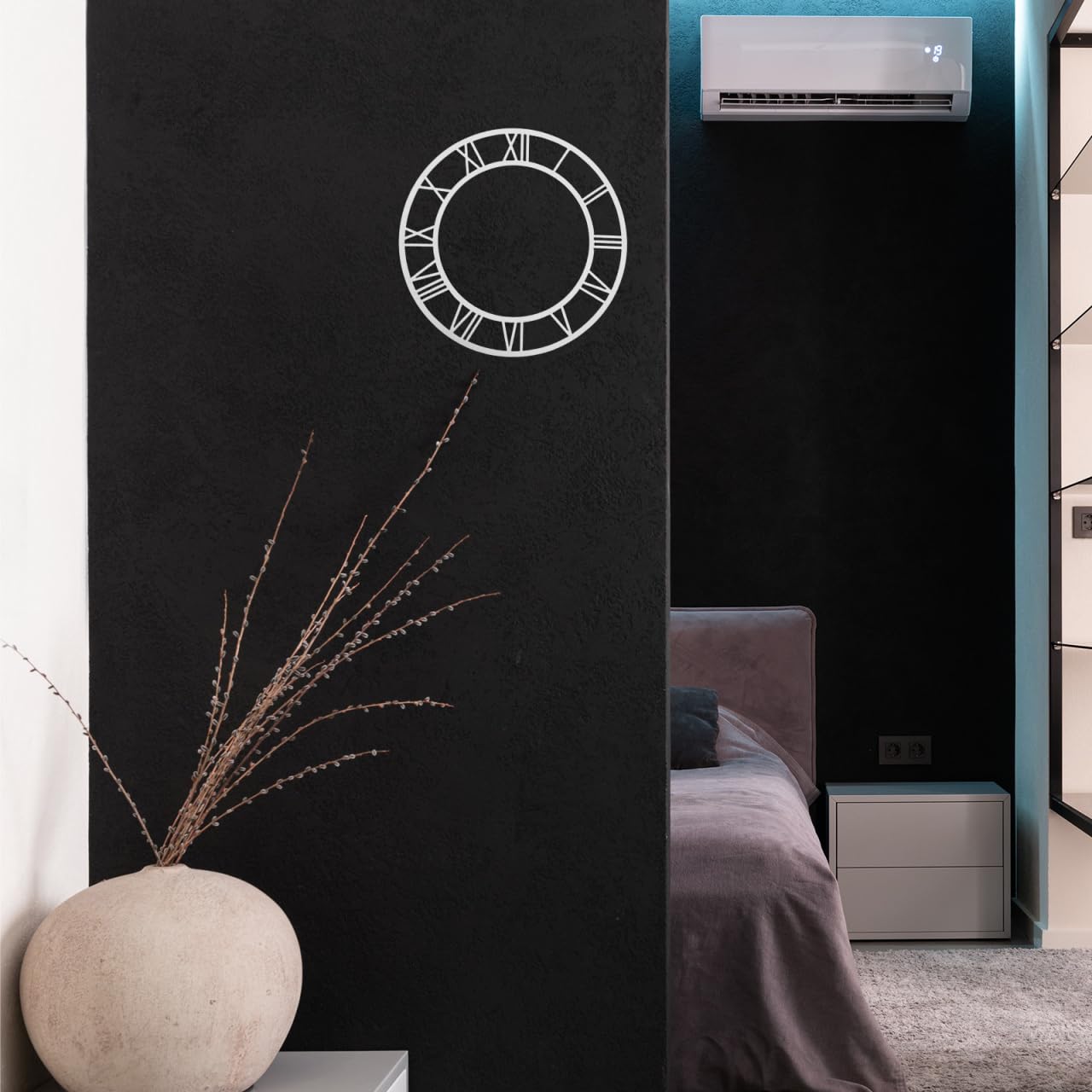 VALICLUD Horloge murale acrylique cadran rond 25,4 cm argent chiffres romains bricolage horloge murale autocollant pour salon hôtel entrée décoration