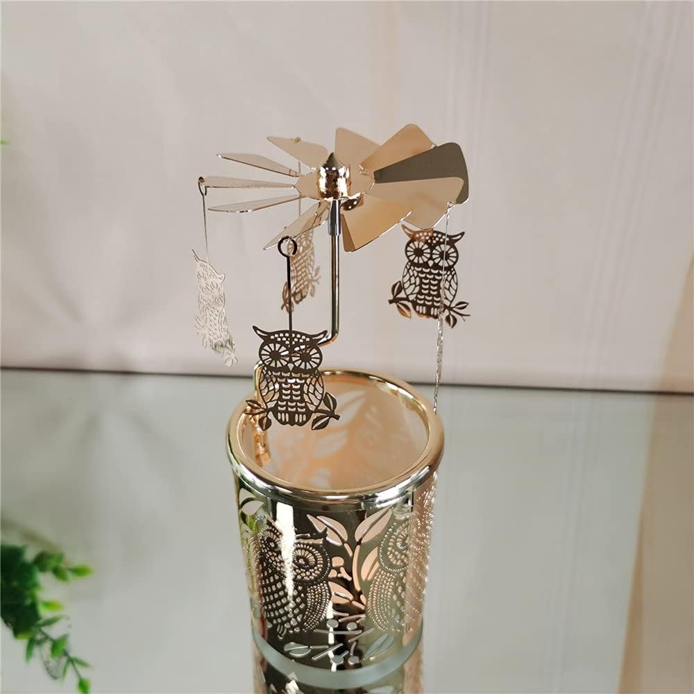 kingnero Gift Carousel Candle Tea Light Holder Rotary Candleholder Metal Windmill Candlestick Spinning Candle Holder for Home Decor (owl Golden) image 5