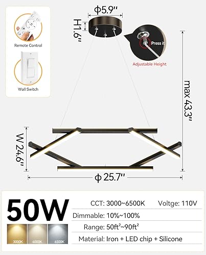 Miniatura 4 de Candelabro LED moderno de 6 luces, lámpara colgante regulable de 25.7 pulgadas con control remoto, lámpara LED para cocina, isla, comedor, sala de