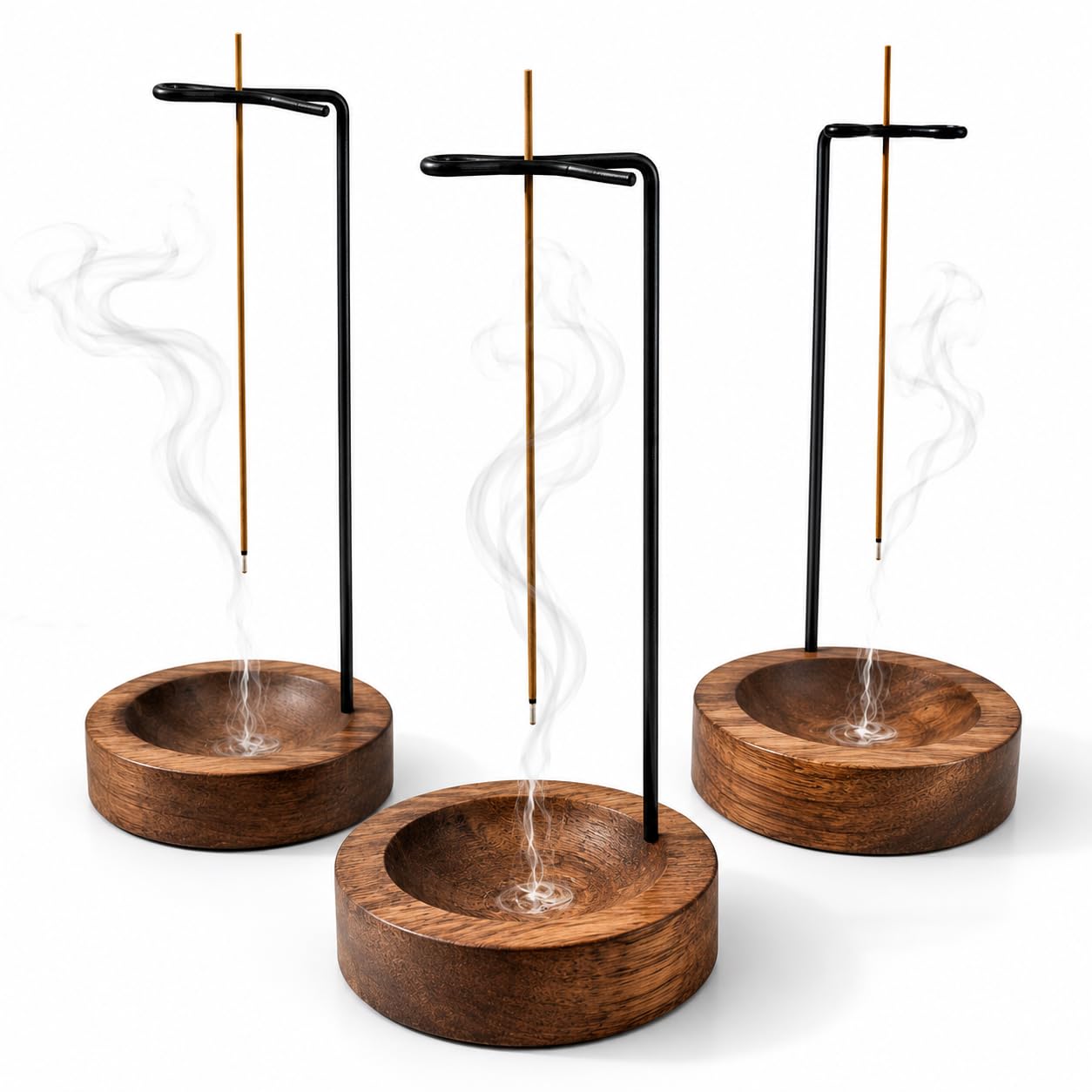 3 Pack Upside Down Incense Stick Holder Ash Catcher Bowl, Wooden and Metal Hanging Incense Burner, Clean Ash Collecting Design for Meditation, Yoga, Home, Office and Relaxation Spaces (3)