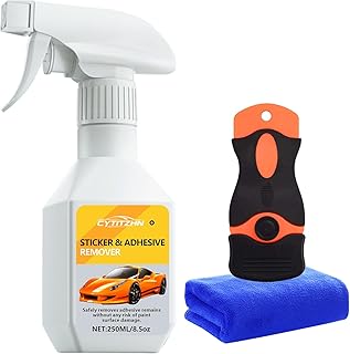 Adhesive Remover, Dissolve & Soften Adhesives on Car Glass & Paint, Remove Glue, Sticker, Label, Decal & Tape Residue, Portable Spray Set with Scraper, Spatula & Towel - 8.45oz/250ML