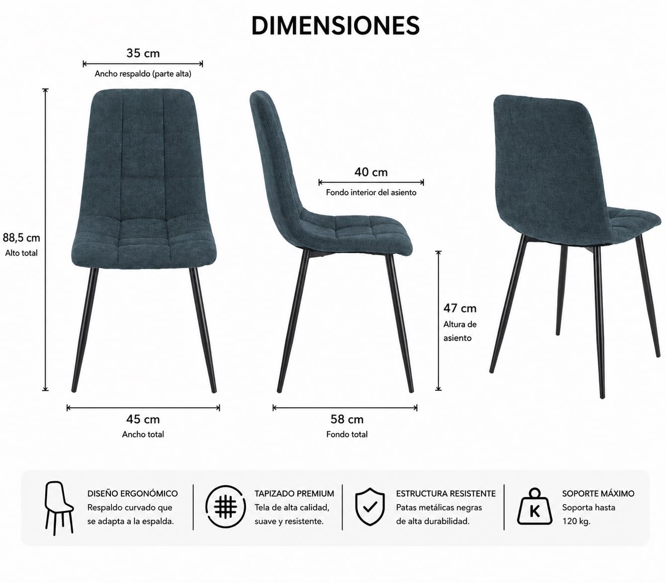 Homely® | Pack Comedor Moderno Core con Mesa Redonda 100 cm. Tapa de 1 Pieza Cemento | 4 Sillas Tapizadas Acolchadas C/Azul Cobalto | Conjunto Mesa Comedor Estilo Nórdico Industrial | Cocina y Salón