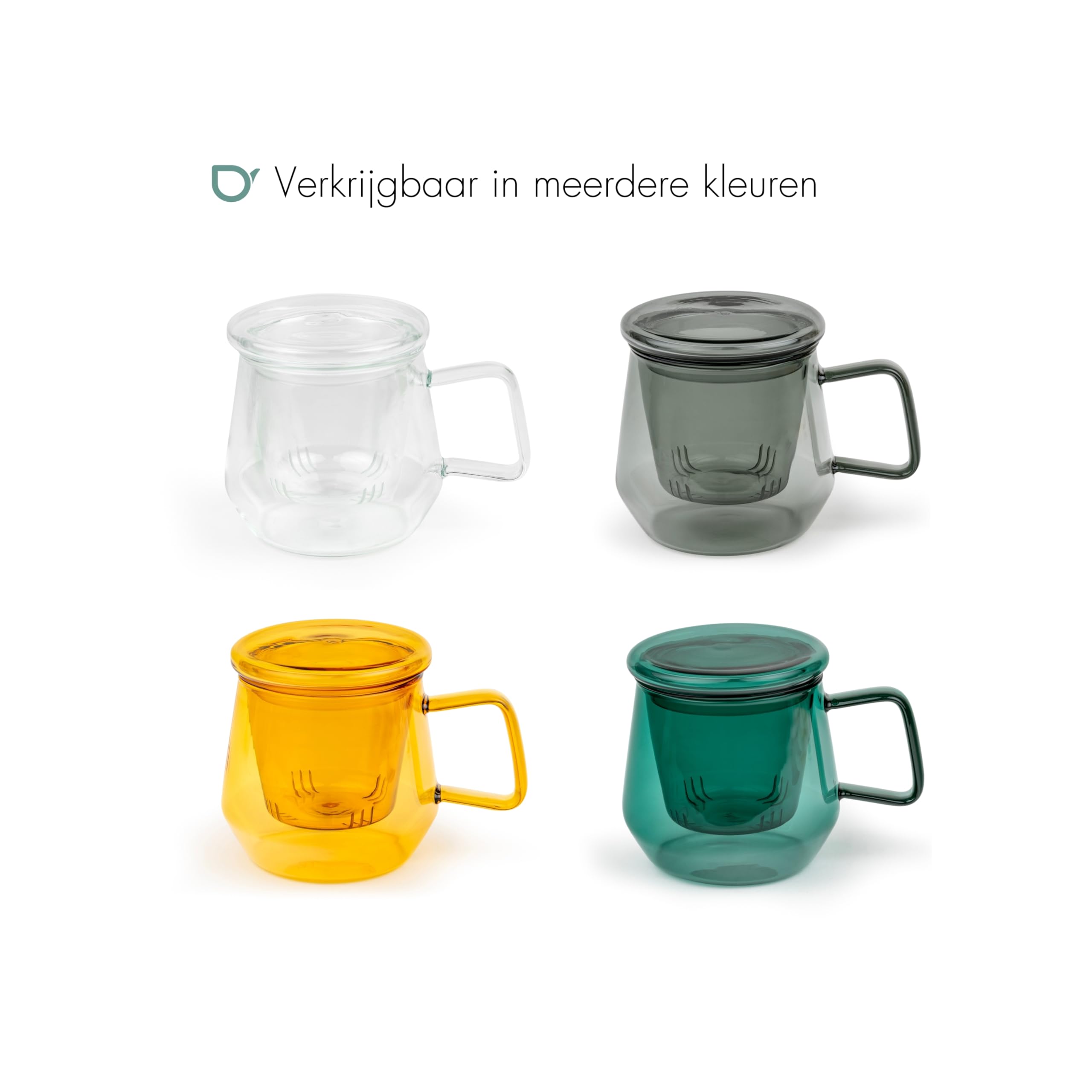 Bredemeijer Vaso de té de 350 ml con filtro de té de cristal y tapa de cristal – Taza de té de cristal transparente y amarillo para 1 taza de té suelto