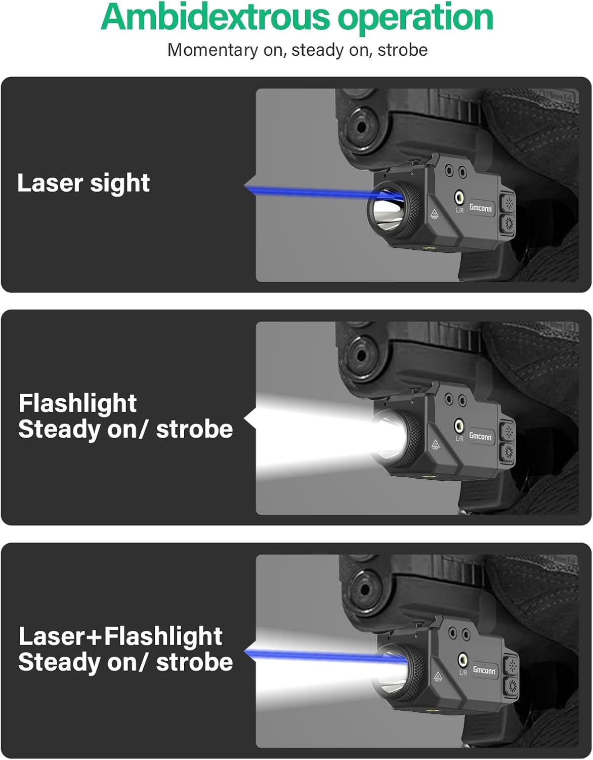 Gmconn 800 Lumen Tactical Flashlight Green Red Blue Laser LED Light Combo, Rechargeable Pistol Light with Strobe Function (Blue Laser)