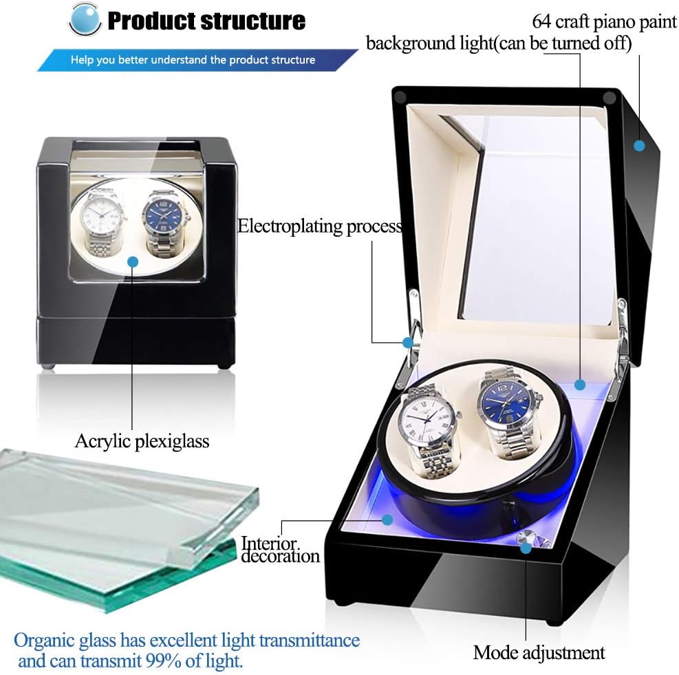 NEWTRY Automatic Watch Winder Double Watches Winder Boxes with Light Quiet Motor for Watches Display for Men and Women Gift AC Adapter and Battery Powered Not Include Watches 1 pcs (Black+Black): Home & Kitchen
