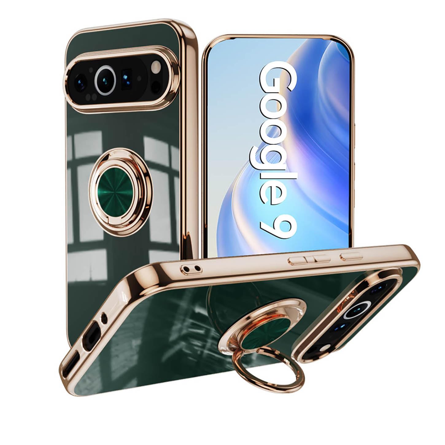 ILING Hülle Für Google Pixel 9 Pro Mit 360° Ring Ständer - TPU Silikon, Stoßfest, Galvanisiert Goldrand (Grau)