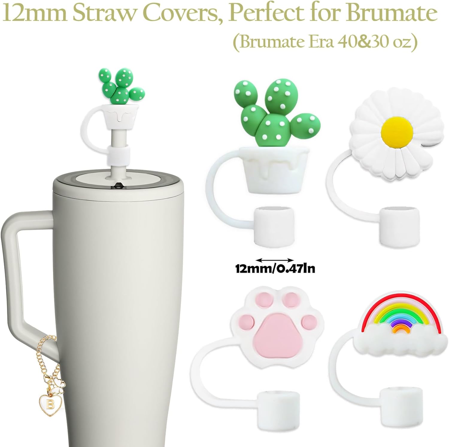 Compatible with Brumate Era Cup Accessories, 4PCS 12mm Cute Straw Cover Cap for Brumate Era Straw Toppers, 2PCS Butterfly Letter Charms for Brumate Cups 30&40 Oz with Handle(A) - Image 2