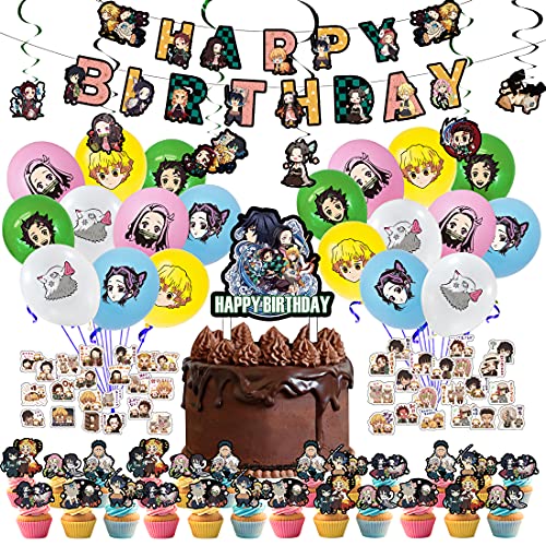 Demon Slayer Party Supplies, Anime-Themed Birthday Party Decorations Include Banner, Balloons, Cupcake Toppers, Hanging Decorations, Stickers Tanjirou, Nezuko... For Demon Slayer Fans by CANPA