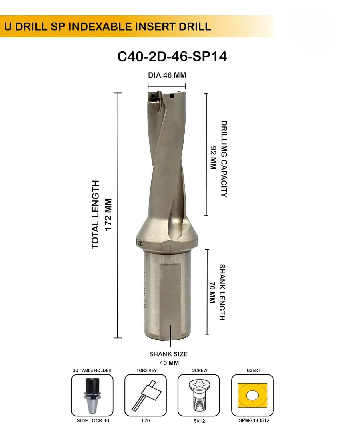 Buyohlic Indexable Insert U Drill 46 MM II Weldon Shank II Through Coolant II 10 pcs Carbide Inserts Free (Dia 46 mm~2D~40 mm Shank)