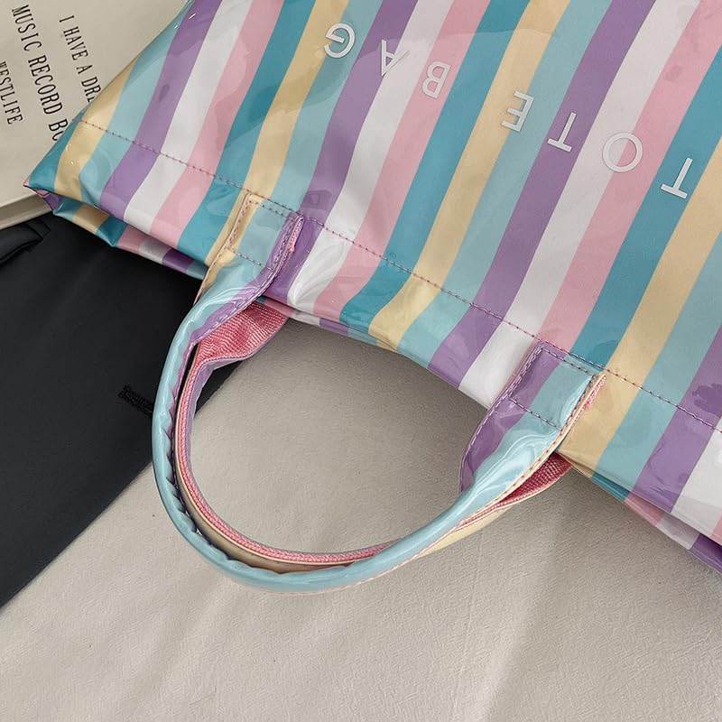 Image of Lushandy Striped PVC Tote Bag for Women, Checkered Plastic Tote Bag for Beach Pool Large Plaid Letters Print Hobo Handbag