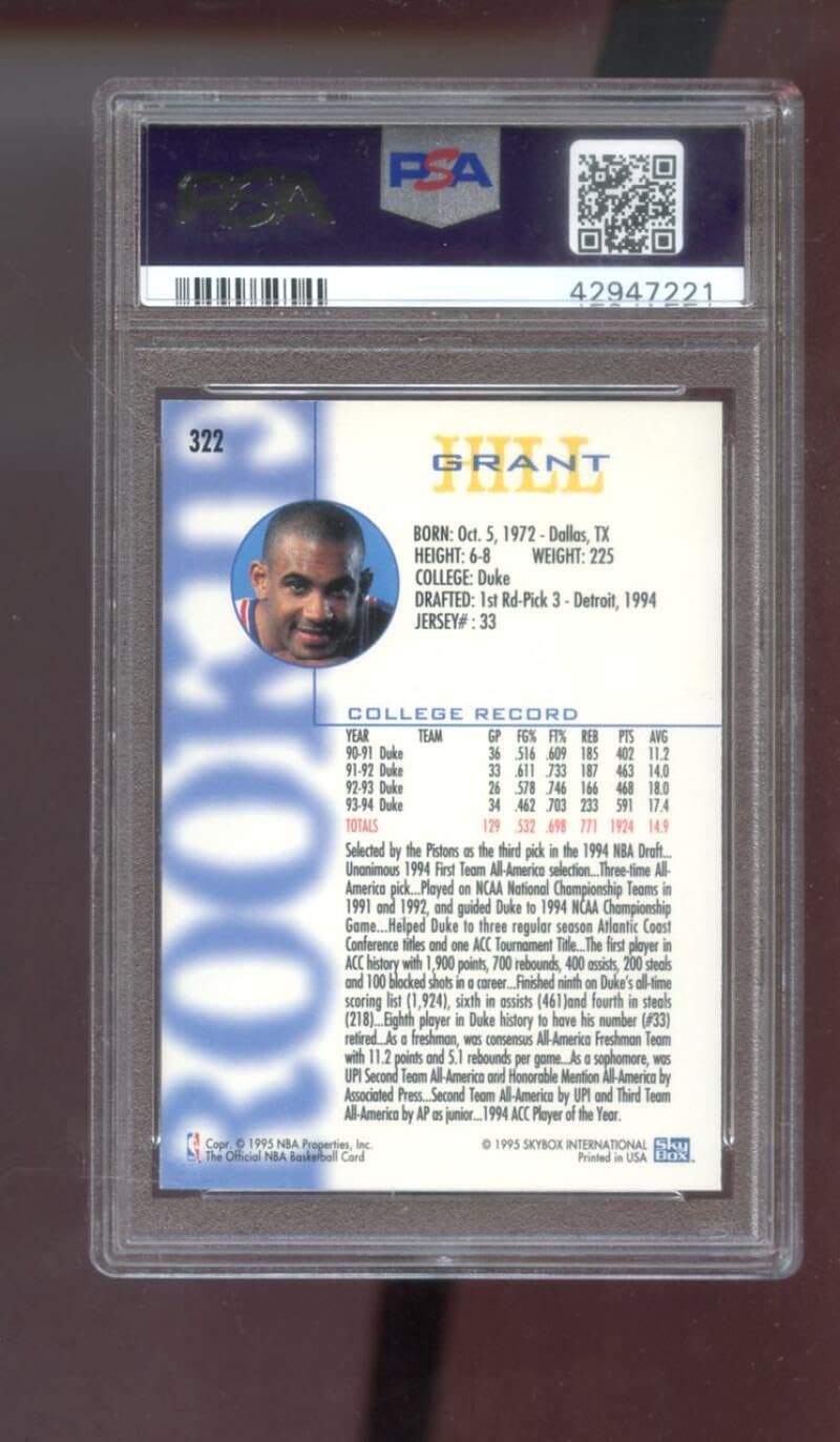 1994-95 Hoops #322 Grant Hill ROOKIE RC PSA 10 Graded Basketball Card NBA 94-95 Detroit Pistons 1994-1995