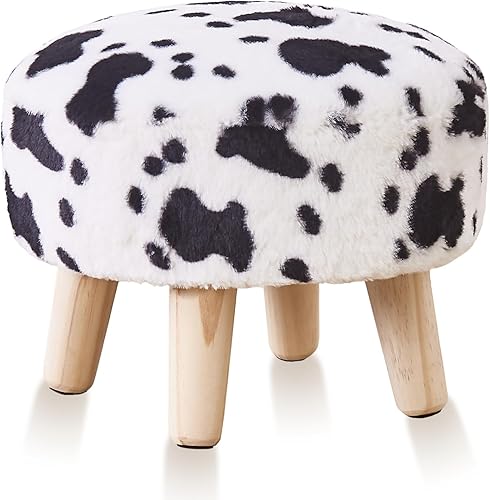 Cpintltr Reposapiés redondo, taburete otomano de lana de conejo con hongos, taburete de madera maciza, pequeño tapizado otomano, taburete para