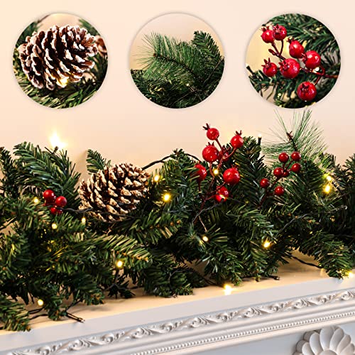 Cewor 9Ft Christmas Garland With 50 Warm White Led Lights Unpre-Lit Christmas Decor Artificial Berries And Pine Cones For Home Stairs Fireplace Front #TOP3
