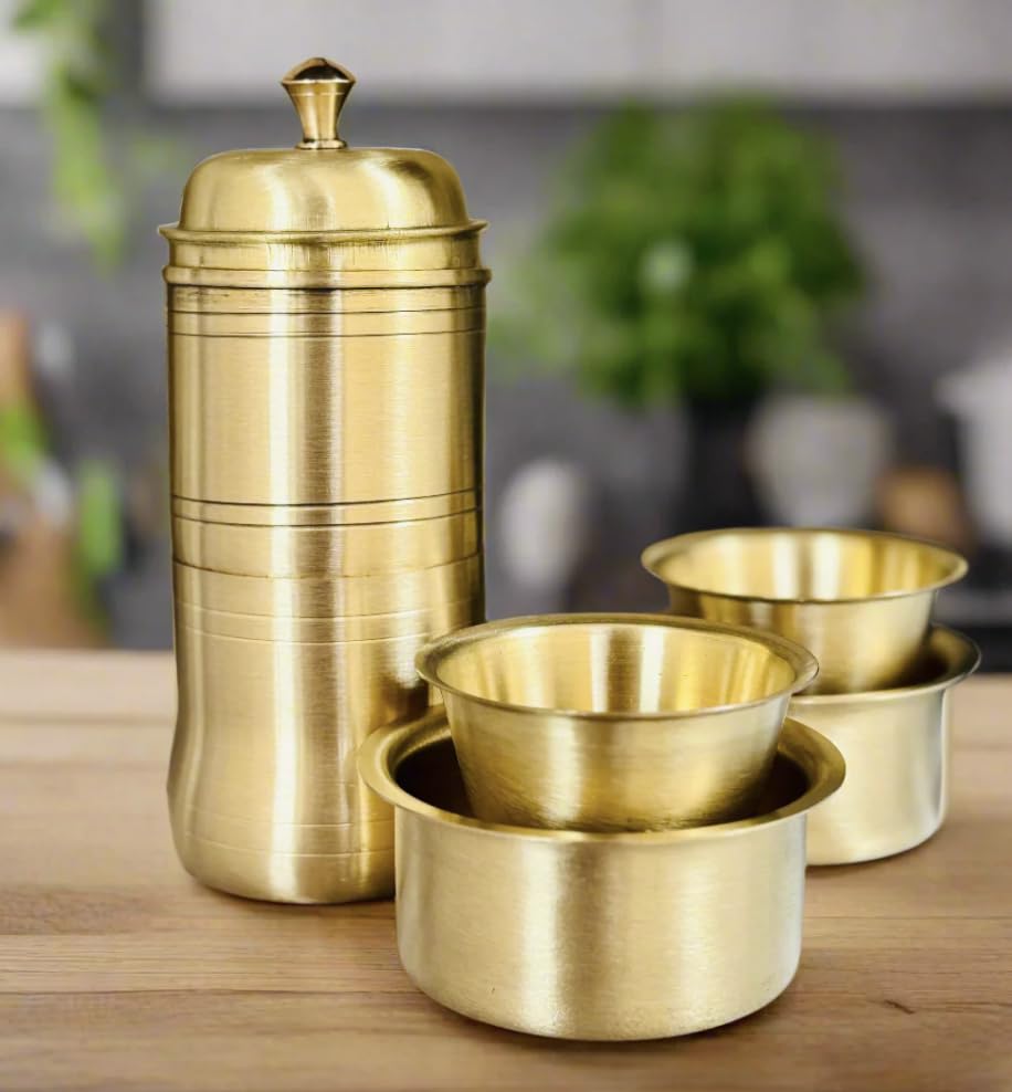 Image of Brass Coffee Filter and Dabara Set - Traditional South Indian Style | Handcrafted with Copper Finish | Authentic Filter Kaapi Experience (Gift Box)