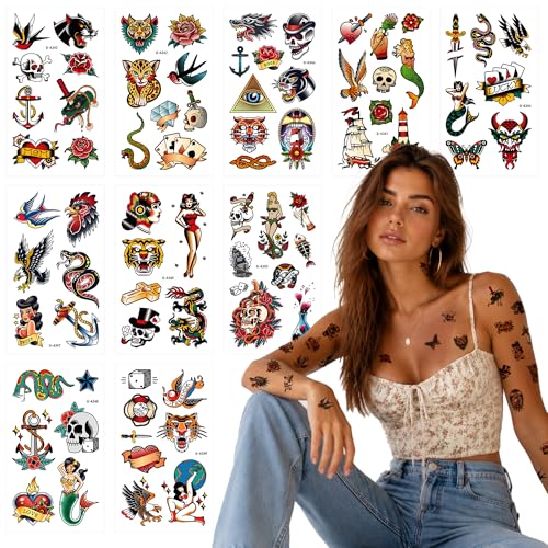 Epuxiael 76 Pcs American Traditional Temporary Tattoos Adults, Retro Realistic Fake Temp Tattoos,...