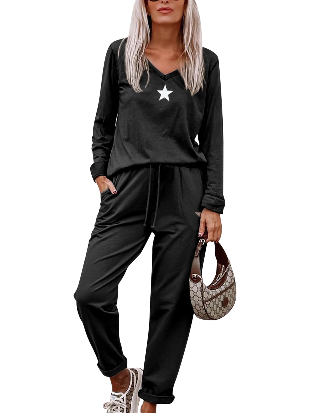 Paintcolors Women's 2 Piece Outfit Long Sleeve Crewneck Tracksuit Solid Color Sweatsuit Lounge Matching Set with Pockets