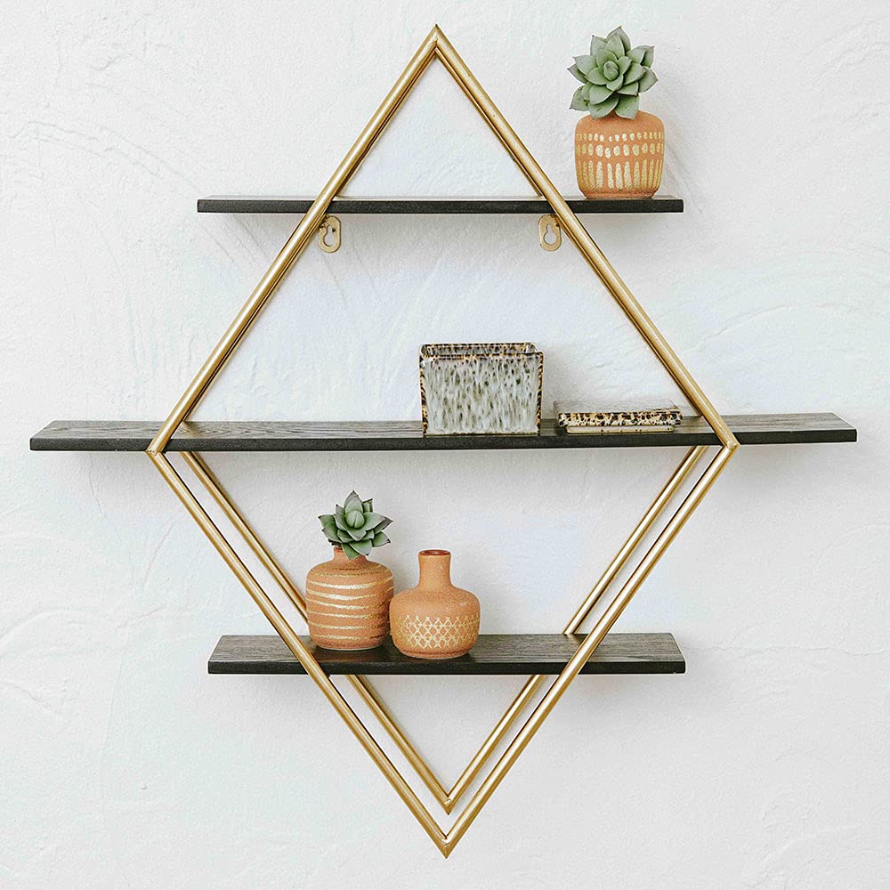 Main + Mesa Estante de Pared de Hierro y Firwood de 68 cm de Largo x 13 cm de Ancho x 61 cm de Alto, Negro y Dorado