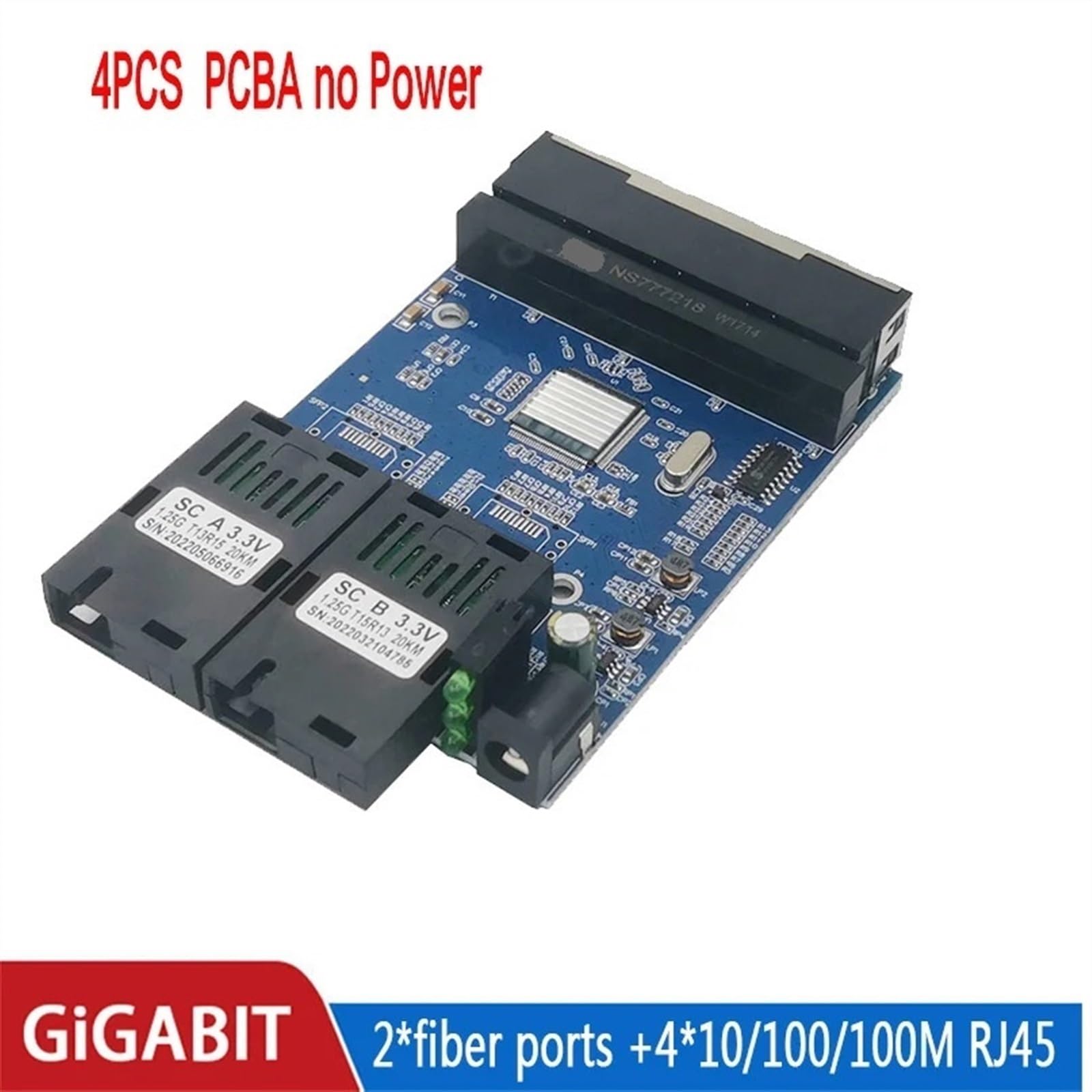 Convertisseur 2 Fibres 4 Rj45 Gigabit, Carte Monomode 10/100/1000m, Commutateur Fiber Ethernet (Size : 4PCS Blue Only PCBA)