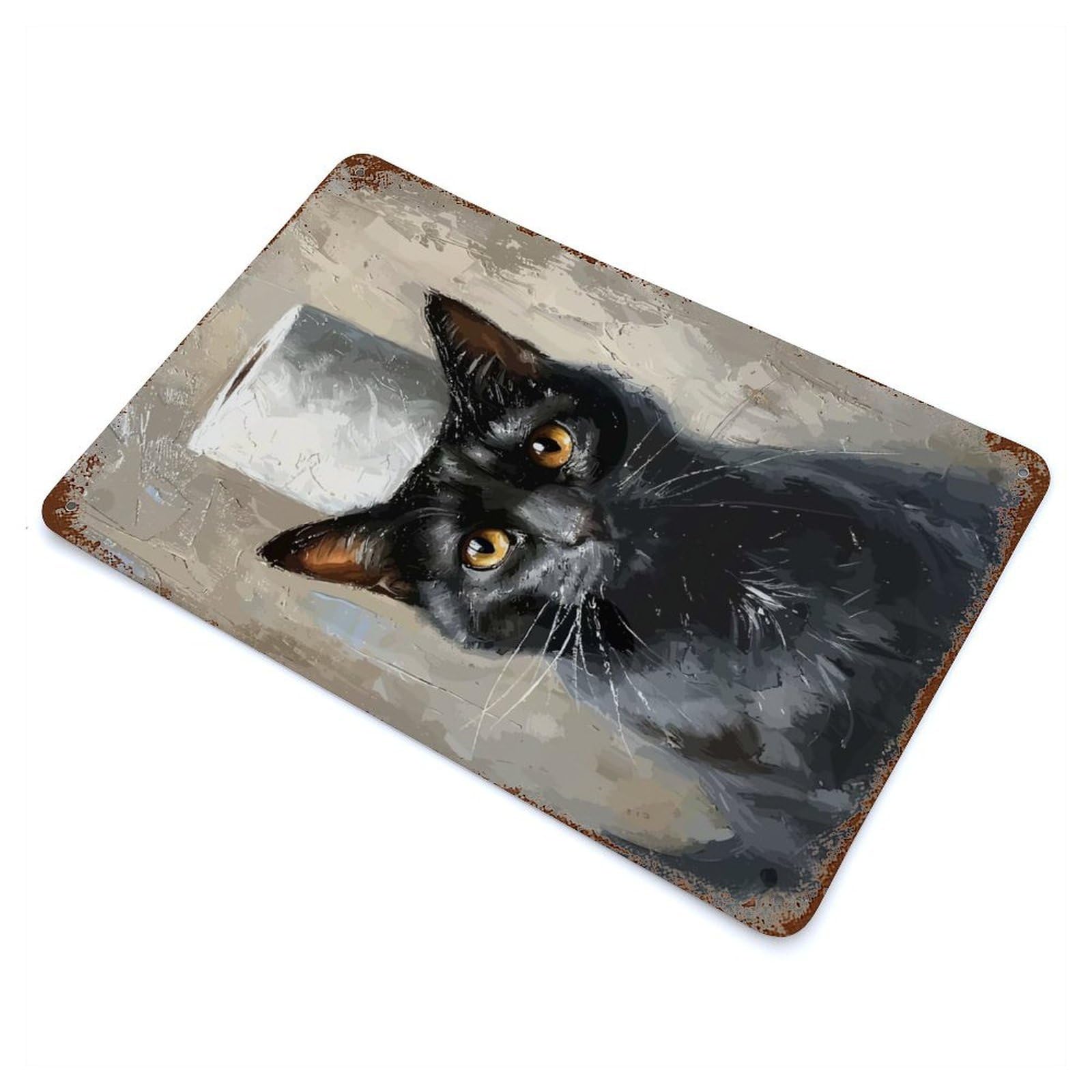Distressed Metal Wall Sign with Black Cat Funny Design 11.8"x7.9", for Living Room, Hallway And Home Decor, Vintage Wall Decor