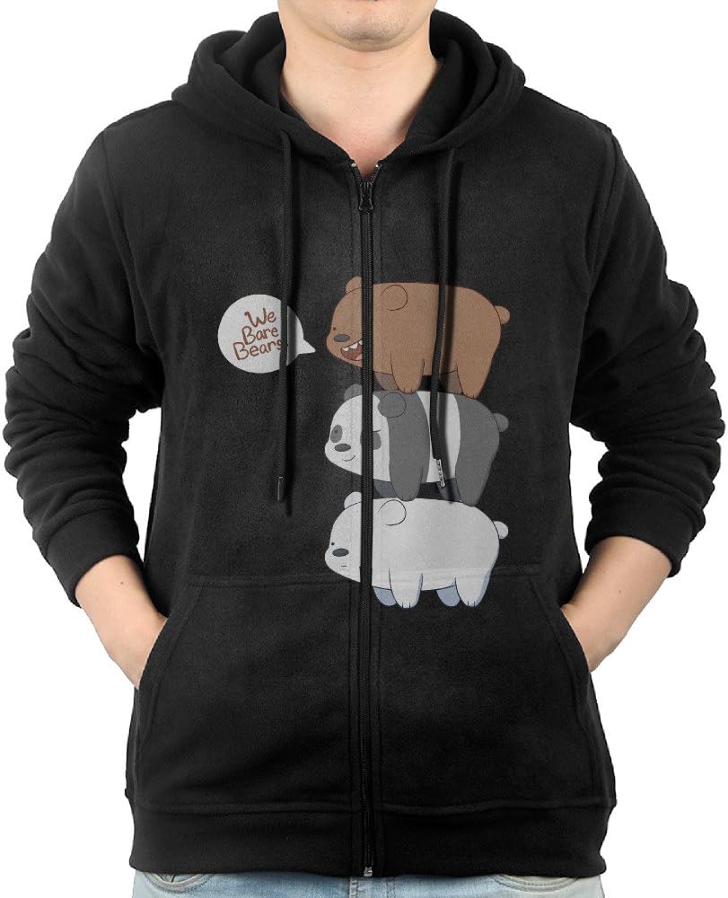 We Bare Bears Ice Bear Three Bears Men's Full Zipper Drawstring Hoodie Kangaroo Pocket Sweatshirts