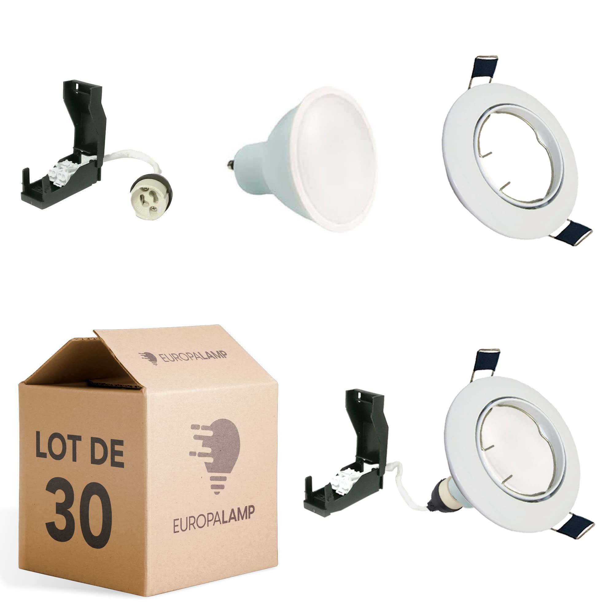 Europalamp – 30 focos empotrables orientables blanco con GU10 LED de 7 W eqv. 56 W blanco cálido 3000K