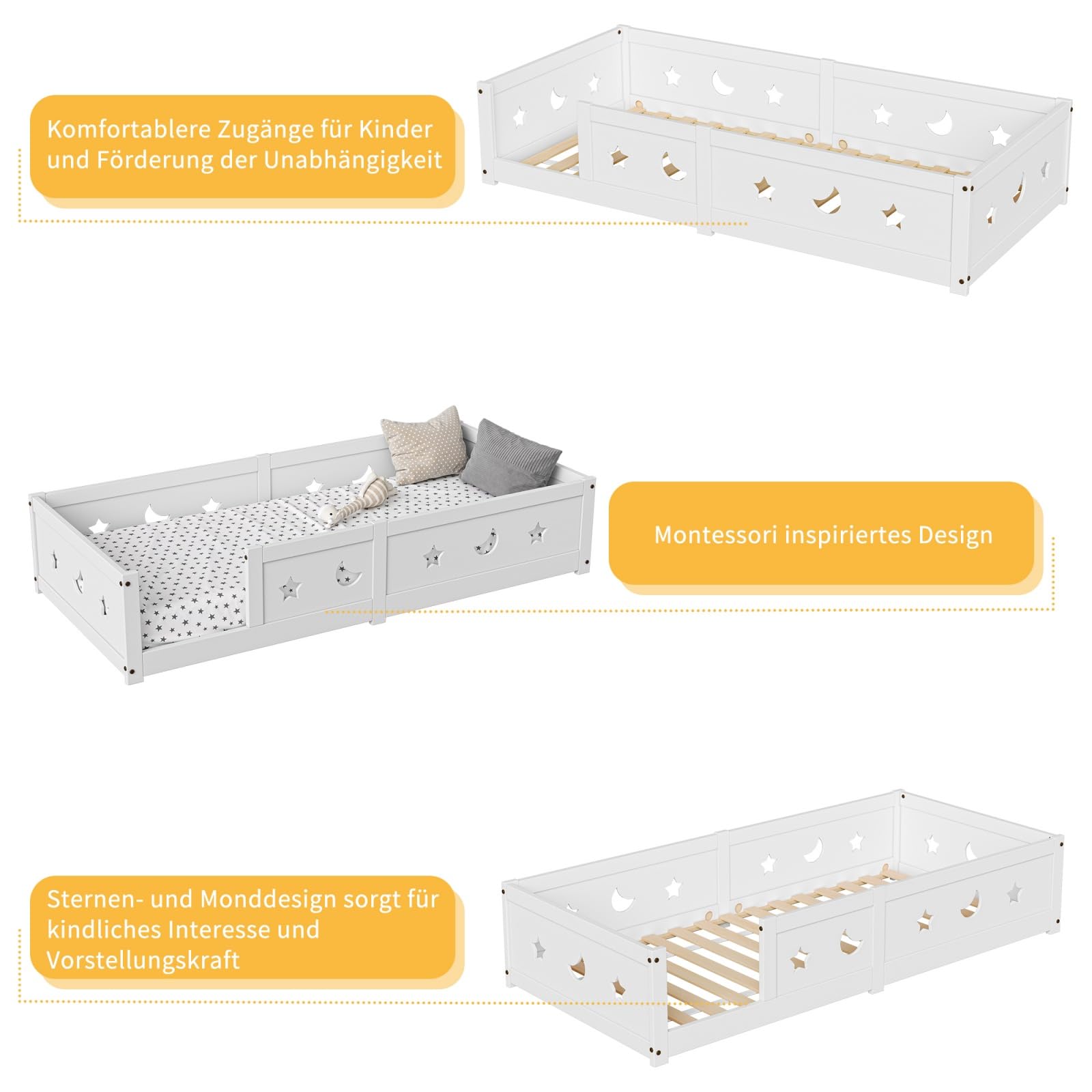 Cama en el suelo para bebé, 90 x 200 cm, cama en el suelo de inspiración Montessori, camas infantiles de madera con barrera de seguridad y somier de láminas, camas individuales para niños y
