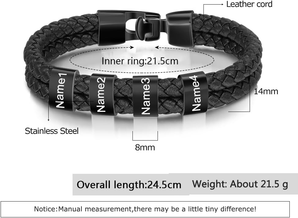 Personalized Fathers Bracelet with Names Custom Name Engraved Mens Braided Leather Bracelets for Men Christmas Birthday Gifts for Dad Husband Grandpa Boyfriend