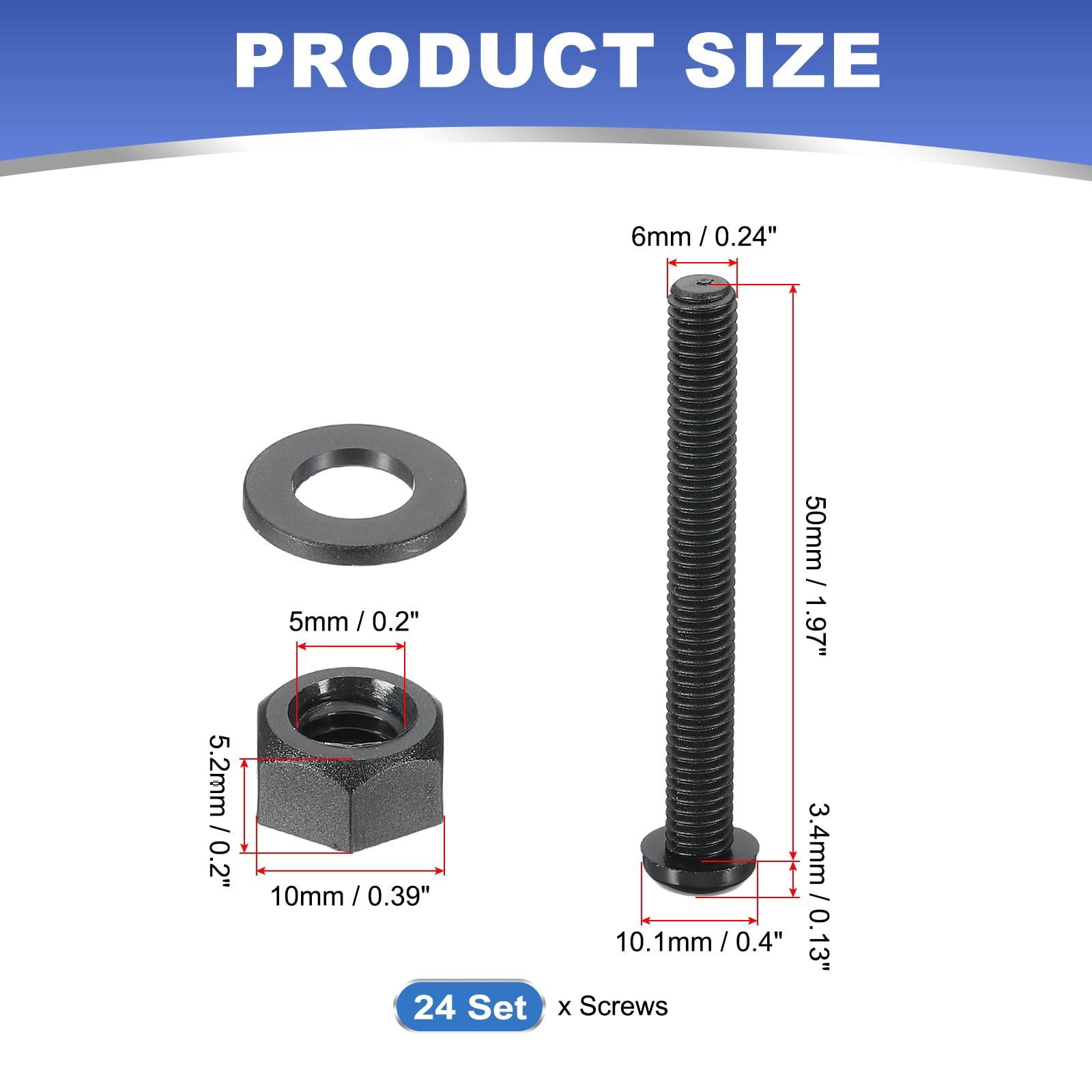 PATIKIL M6x50mm Black Nylon Bolts Plastic Nuts Full Thread Head Screws, 24 Pcs, M6*50mm - Image 2