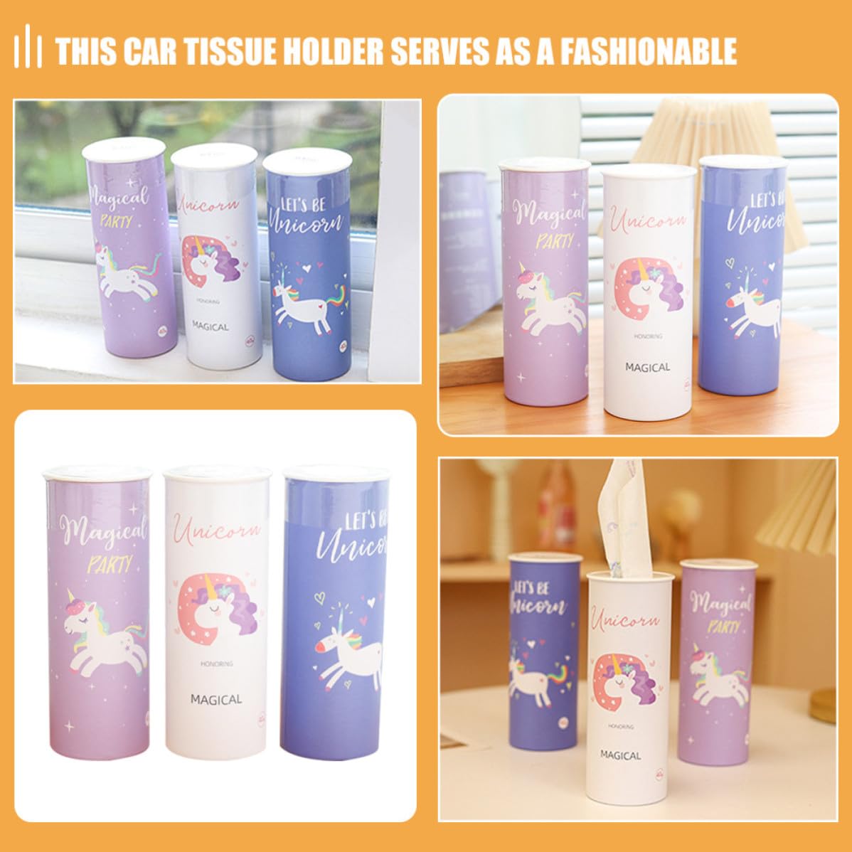 Garneck Taschentuchbox fürs Auto mit Niedlichen Einhorn Motiven 3 Stück Packung Runde Zylinderform aus Native Holzfaserpapier Praktisch für Unterwegs