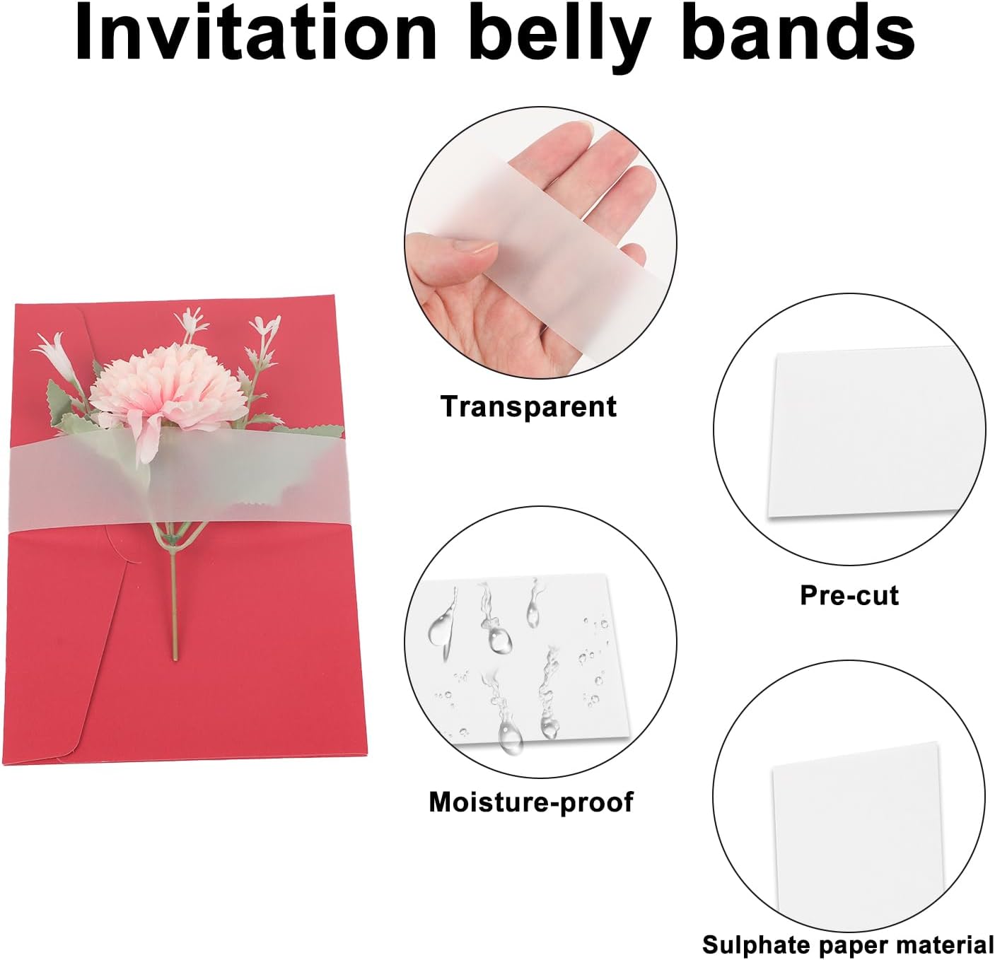 100pcs Invitation Belly Bands, Transparent Sulphate Paper Vellum Belly Bands for Envelopes and Cards Suitable for 5x7in & 4x6in Wedding Invitation Accessories Gift Wraps