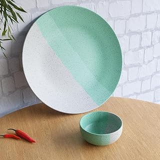 The Earth Store Handcrafted Tritone Green Matte 2 Piece Ceramic Dinner Set, 1 Full Dinner Plate, 1 Vegetable Bowls, | Micr Price In India